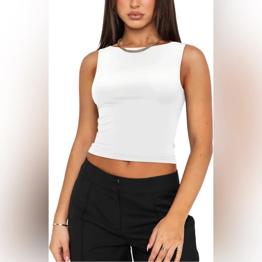 Open Back High Neck Sleeveless Tank White Small - Picture 2 of 9